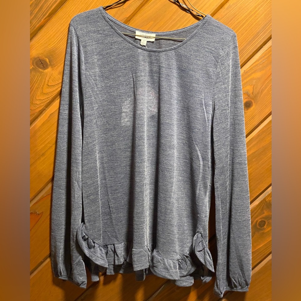 Sheer Round Neck Puff Long Sleeve Top with Side Slits & Ruffle Hem